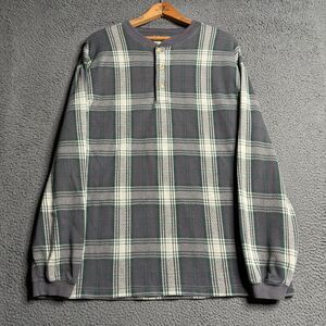 Vintage Eddie Bauer Shirt Men’s Large Gray Plaid Henley Button Long Sleeve